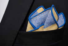 A close up image of the Collegiate, a yellow and blue striped pocket square handmade by Dear Martian.