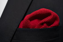 A detailed image of the Bloody Mary, red silk knit pocket square  by Dear Martian, Brooklyn.