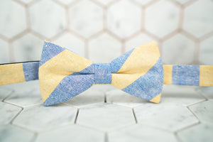 An image of Dear Martian's Bookie bow tie, which has a light yellow and blue striped pattern.