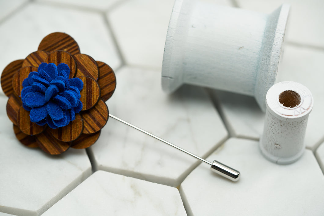 An image of the Dear Martian, striped wooden lapel suit boutonniere pin.