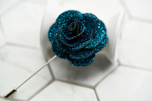 An image of a twilight navy dinner suit lapel pin constructed by Dear Martian, Brooklyn.