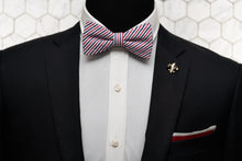 An image of the epitome of men's fashion; a black suit worn by a mannequin with a fleur de list tie clip, red knit pocket square, and patriotic red-white-blue bow tie.