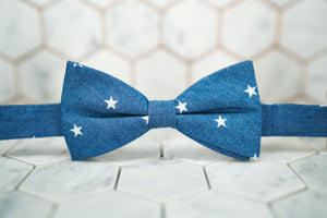 The front image of a denim star patterned bow tie by Dear Martian, Brooklyn.