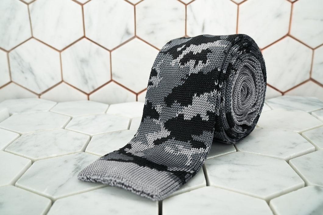 An image of the Dear Martian, Our Dear Martian grey camouflage silk knitted neck tie.