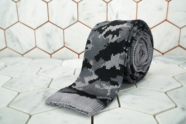 An image of the Dear Martian, Our Dear Martian grey camouflage silk knitted neck tie.