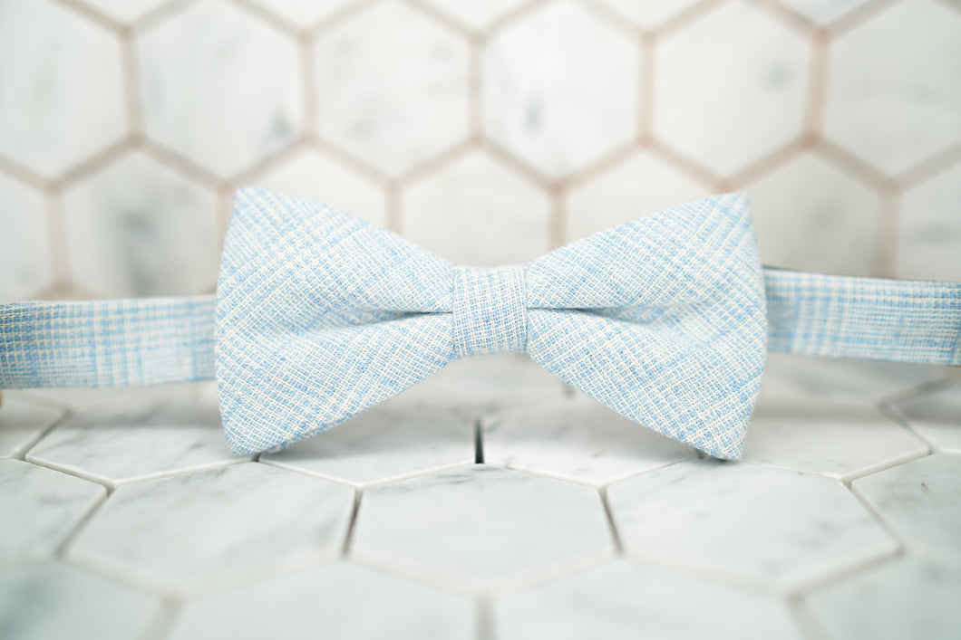 The front image of the glen plaid Tiffany blue bow tie by Dear Martian, Brooklyn.