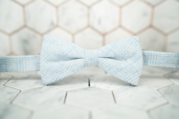 The front image of the glen plaid Tiffany blue bow tie by Dear Martian, Brooklyn.